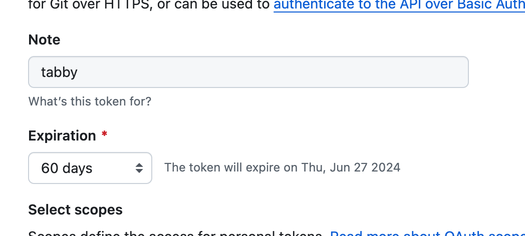 新建 Github token Tabby