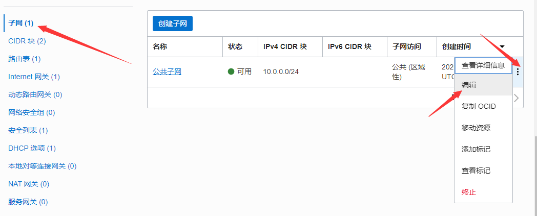 打开`子网`,`编辑`子网信息 Oracle IPv6