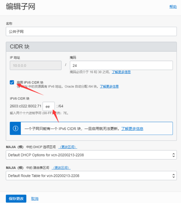 勾选 `启用IPV6 CIDR块` 输入框随便输入一个值,例如:`ee` **点击保存** Oracle IPv6