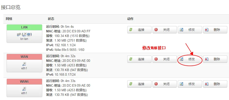 点击 WAN 接口的修改按钮 编辑 WAN 接口