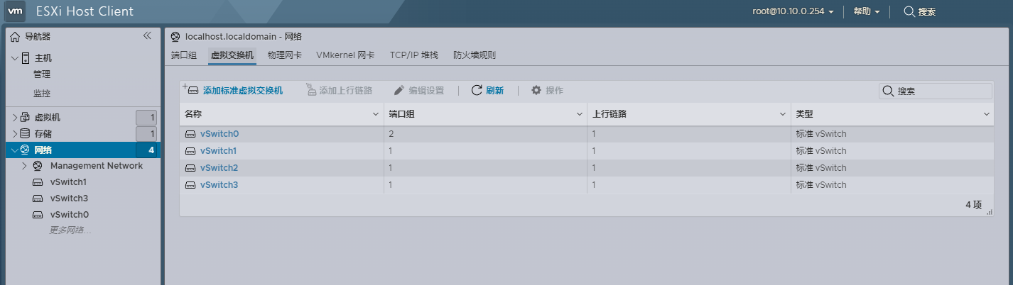 虚拟交换机,系统默认带了一个虚拟交换机,需要再继续添加其余三个 install ESXi