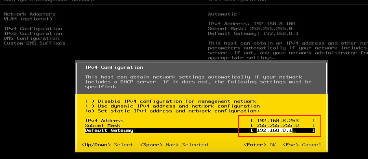 配置网络信息 install ESXi