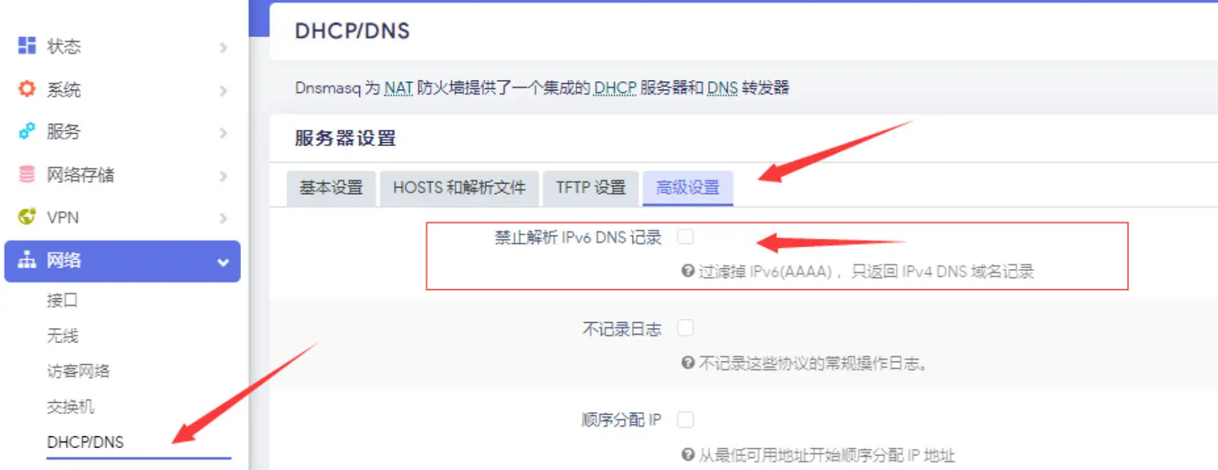 勾选禁止解析 IPv6 DNS 记录 启用 IPv6 DNS 过滤